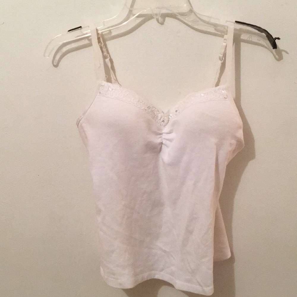 white bedazzled tank top with built in bra